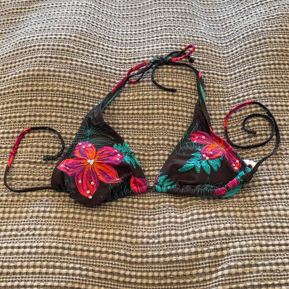 Xhilaration Dark Brown Floral Triangle Bikini Top with Pink & Teal Flowers